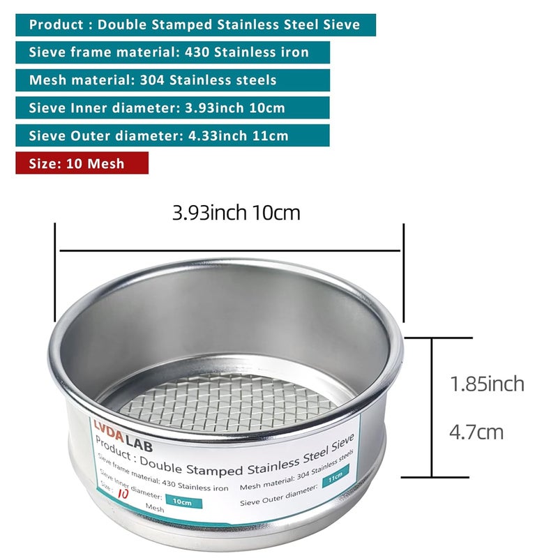 LVDALAB 304 Stainless Steel Mesh Lab Sieve, 10 Mesh (2mm) Aperture Test Sieve, 4inch(10cm) Economy Standard Analysis Sample Test Sieves for Industrial Laboratory Homes - Image 2